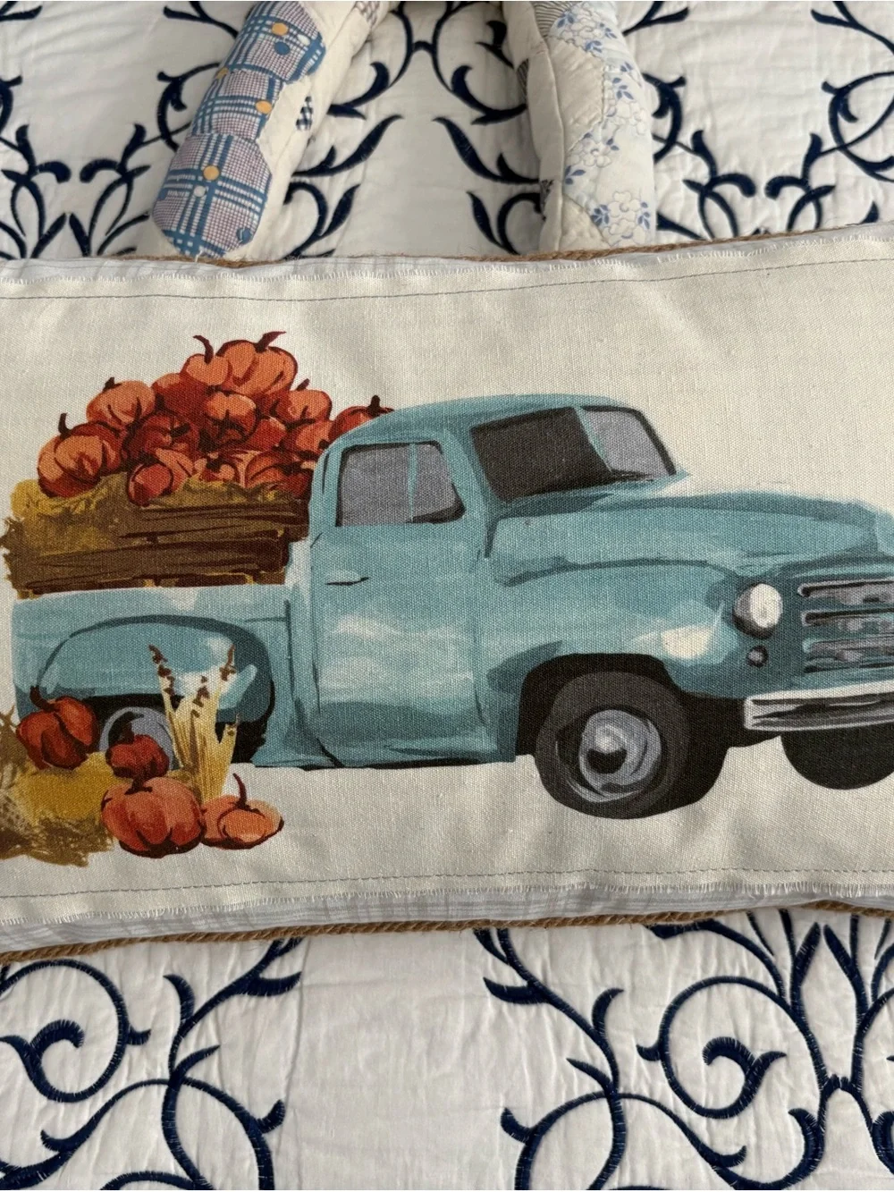 Vintage Blue Truck Pumpkin Harvest Holiday Pillow